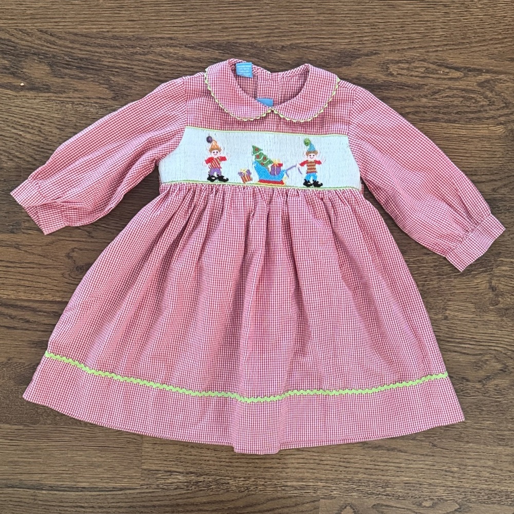 Anavini Red Gingham Smocked Embroidered Elf With Toys Dress New And Never Worn
